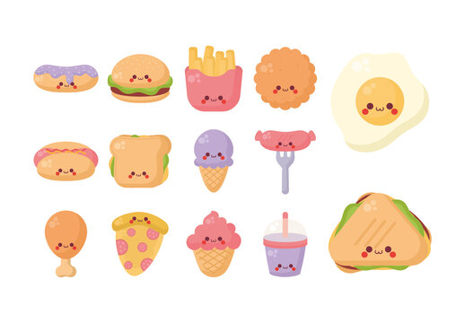 Colorful Kawaii Fast Food Cute Cartoon Illustrations Set