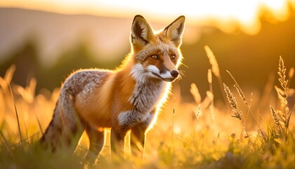Fototapeta premium Fox Standing in Golden Sunlight in Grassy Field at Sunset