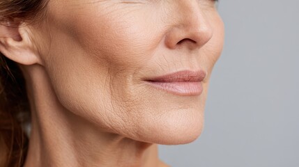 Close up profile of a mature woman's aging skin and natural wrinkles, highlighting the beauty of natural aging, wisdom, and self acceptance in older age
