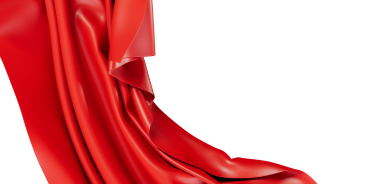 Close-up studio shot of draped red fabric with smooth texture, flowing and isolated on a white background, perfect for design.