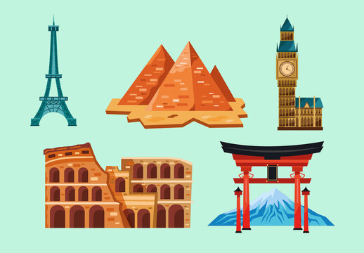 Colorful Tourism Travel Landmark World Illustration Set