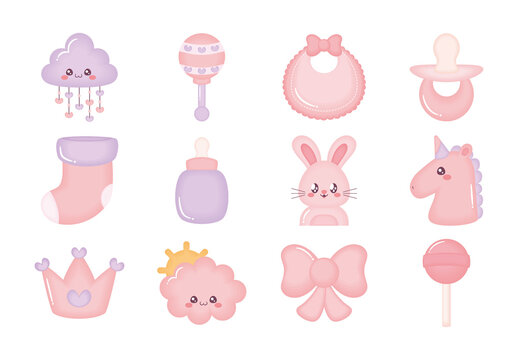 Pink And Purple Its Baby Girl Cute Toys Illustrations Set