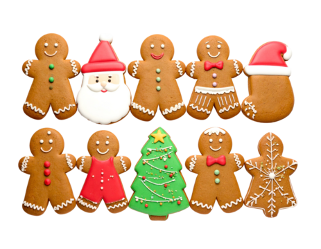 Festive gingerbread cookies, featuring Santa, a tree, and snowflake, on black backdrop