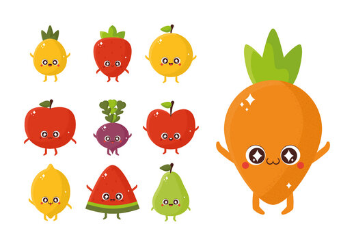 Colorful Kawaii Fruits Vegetables Cute Illustrations Set