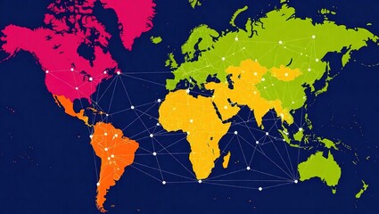 World Map with Connected Regions and White Dots Representing Global Network.