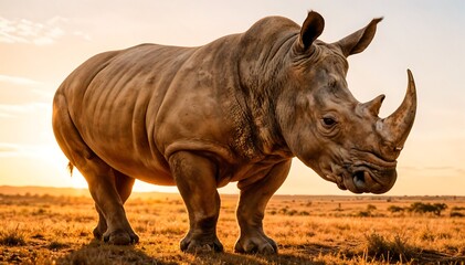 Obraz premium Rhino Standing in Golden Sunset Light on African Plain