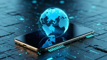 Holographic globe on a smartphone displaying digital connections and circuits - Powered by Adobe