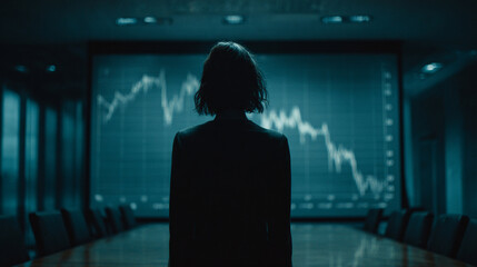 Businesswoman observing a financial graph in a dark boardroom.