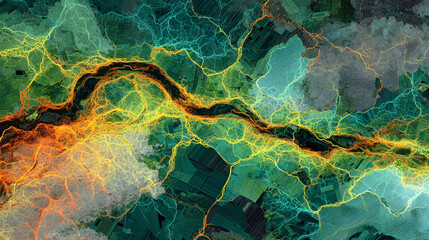 Abstract aerial view of a river flowing through a vibrant landscape.