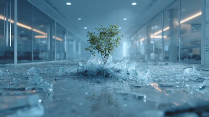 A vibrant tree grows amidst shattered glass in a modern architectural space.