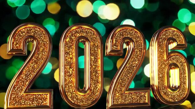 Sparkling 2026 with glitter and reflections on festive green-gold bokeh background.