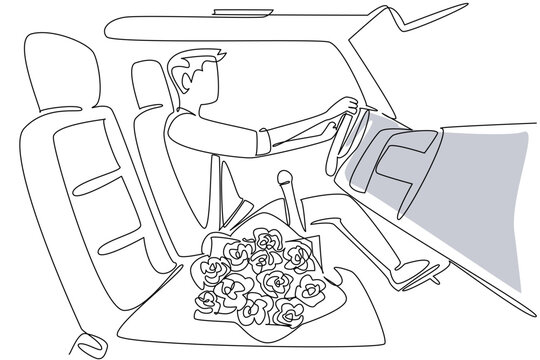 Fototapeta Continuous one line drawing a man driving car with bouquet of roses next to him. Bringing simple, meaningful surprises. Wedding anniversary. Rose Festival. Single line draw design vector illustration