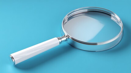 Nice photo of magnifying glass with silver frame on a blue background, top view.