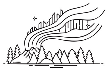 Fototapeta premium Black outline vector icon depicting the northern lights over a forest with mountains and trees, featuring a linear style for nature and travel concepts.
