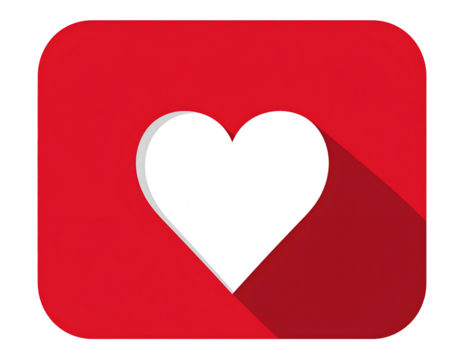 A white heart with shadow on a red rounded square. Vector style