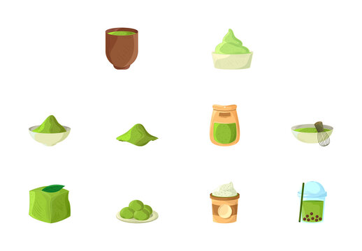Brown And Green Matcha Tea Food Drink Dessert Illustrations Set
