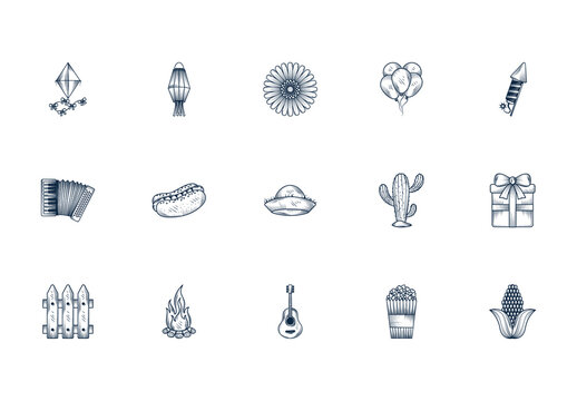 Blue Festa Junina Collection Icons Set