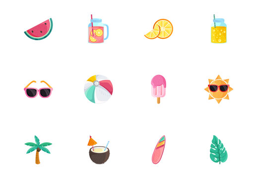 Colorful Summer Tropical Collection Illustration Set