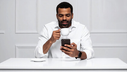 A professional man sips coffee and looks closely at his phone screen in a bright white office.