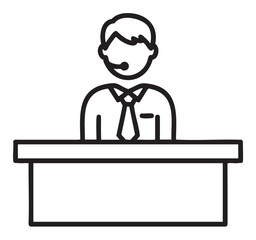 Fototapeta premium Black outline vector icon of a male call center operator wearing a headset behind a desk, suitable for customer service concepts.
