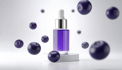 A small bottle of purple serum stands on a white stage with fresh Acai Berry  floating around it.