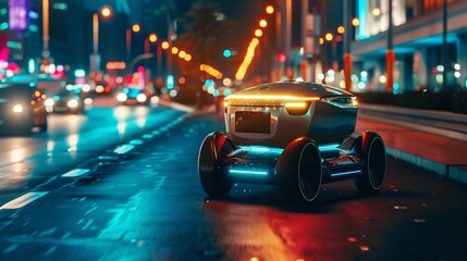 Futuristic autonomous delivery robot navigating a wet urban street at night with neon lights