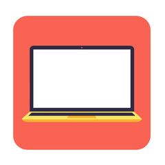 A modern, flat design illustration of an open laptop computer with a blank white screen, set against a vibrant coral background with rounded corners.