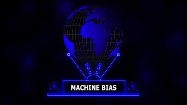 Futuristic Global Machine Bias Hologram Concept with Glowing Blue Digital Globe, Innovation Network Connections, Technology Growth and global connection background. 