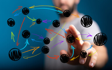 Abstract visualization of a human hand interacting with a digital network, showcasing interconnected nodes, data flow, and global communication