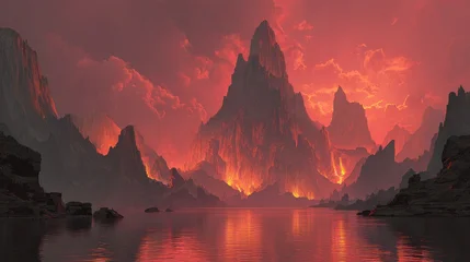 Tableau sur plexiglas Réflexion Dramatic landscape with fiery mountains reflected in tranquil water  © Devaniaaci
