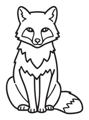 Obraz premium Black outline vector drawing of a sitting fox with detailed facial features and bushy tail.