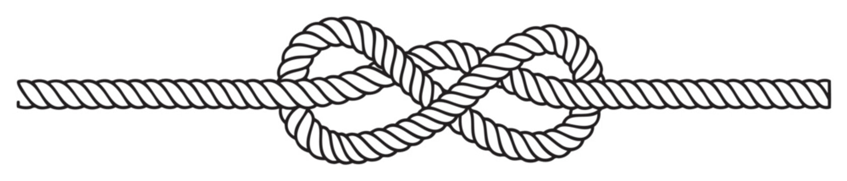Black and illustration of a nautical figure-eight knot tied securely in a thick rope, showcasing a classic knotting technique.