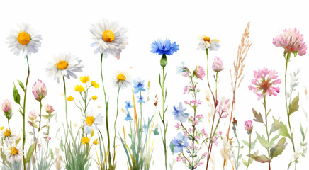 Watercolor wildflowers. Wild and meadow flowers of chamomile, cornflowers. clover and others. Wild summer flowers with herbs. Vector illustration.