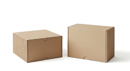 Fototapeta premium Two Brown Cardboard Boxes on White Background, Minimalist Packaging.