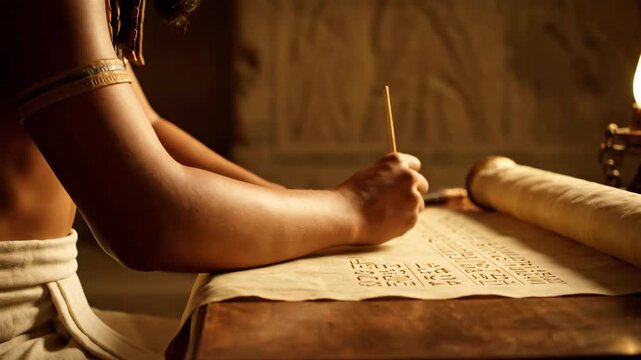 Ancient Scribe Writing Hieroglyphs on Papyrus in Historical Setting
