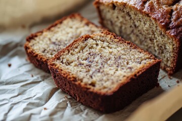 Close Up View of Freshly Sliced Banana Bread Arranged on Baking Paper Surface