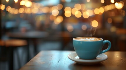 Hot Steaming Latte with Heart Shaped Foam on Rustic Wooden Table