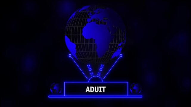Futuristic Global Aduit Hologram Concept with Glowing Blue Digital Globe, Innovation Network Connections, Technology Growth and global connection background. 