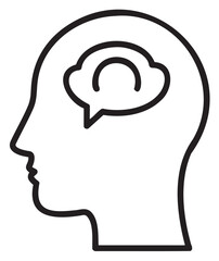 Black outline icon of a human head in profile with a speech bubble containing a smiley face, signifying communication and positive thoughts.