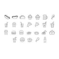Food and Drink Line Icons Set – Fast Food, Snacks, Beverages, Sweets and Restaurant Doodle Pack. 