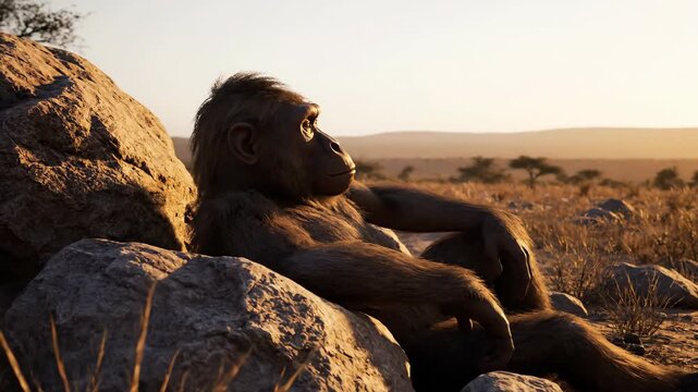 Realistic Monkey Sitting on Rocks in a Desert Landscape at Sunset