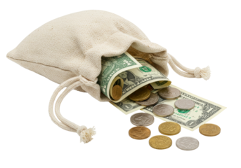 Isolated canvas money bag with American one dollar bill and foreign coins spilling out