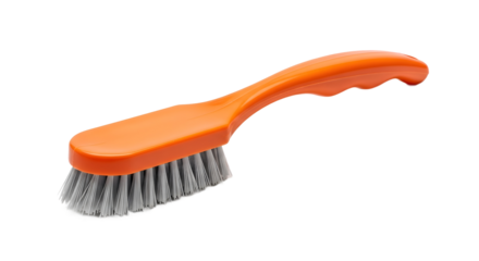 Bright orange ergonomic cleaning brush with durable grey bristles, perfect for home and commercial scrubbing tasks, presented clearly and isolated on a white background for versatile design use