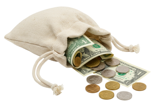 Isolated canvas money bag with American one dollar bill and foreign coins spilling out