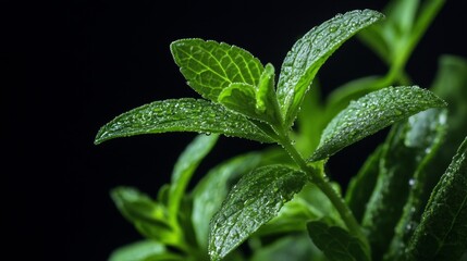 Fresh Green Stevia Leaves Arranged Neatly on Dark Black Background with Soft Lighting