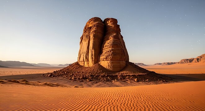 Majestic rock formation stands tall in the vast, arid desert landscape