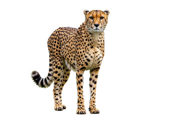Isolated Cheetah stands looking at the viewer, in a natural habitat, focused, intense gaze