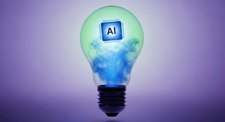Artificial intelligence concept with light bulb and chip on purple background