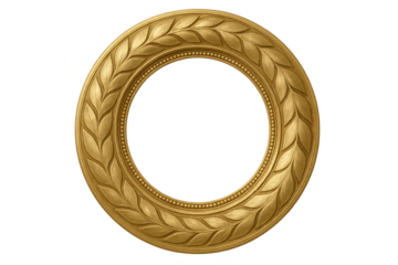 Ornate golden round frame with leaf pattern, isolated on transparent backdrop