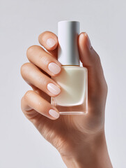 Well-manicured hand of a girl holding a bottle of creamy white nail polish. 